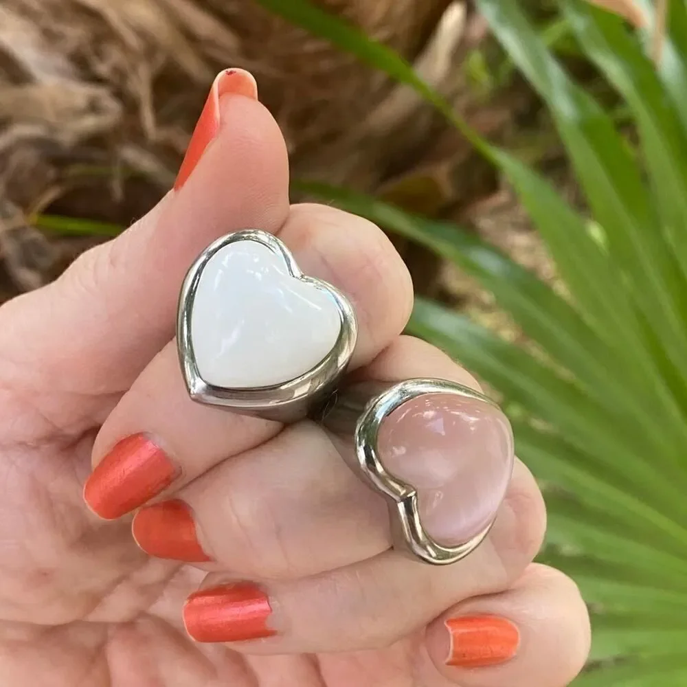 Vintage Ed Force Stainless Steel Large Heart Stone Ring Size 8